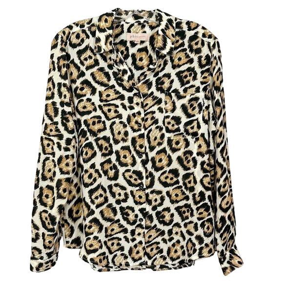 Philosophy Tops - Philosophy Womens Leopard Print Collared Button-Up Blouse Brown Black Size Small